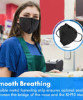 Person wearing KN95 Black Face Masks Pack Of 30 With 5 Layer Filtration Over 95 Percent Efficiency Comfortable Ear Loops in store