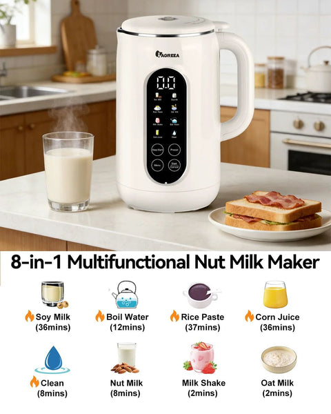 Front view of white IAGREEA 10-in-1 nut milk maker with stainless steel lid on kitchen counter beside a glass of soy milk
