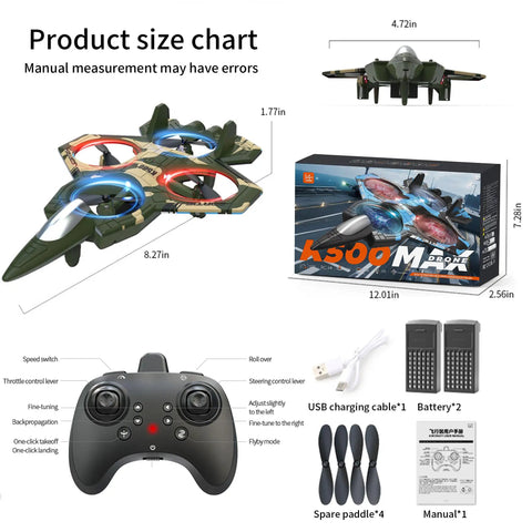 Product components of Fighter Mini RC Airplane For Kids And Newbies Hand Launch Stunt Drone with controller and accessories.