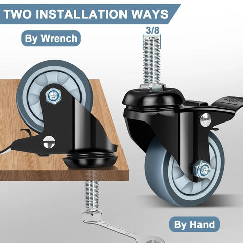Heavy Duty Swivel Caster Wheels Set Of 4 With Dual Locking Brakes And 2 Inch Industrial Casters installation options shown on wood.