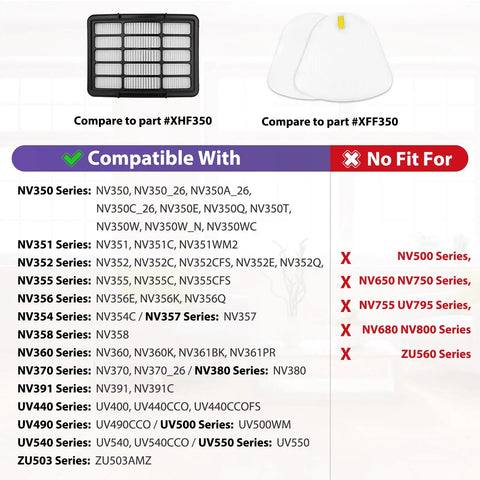 Six Pack Vacuum Filter Replacement For Navigator Lift Away NV350 NV351 NV352 NV355 NV356 NV357 NV360 NV370 NV391 UV440 UV490 UV540 XFF350 XHF350 Compatible, showing filter compatibility chart