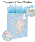 Blue Cross Window Gift Bag With Ribbon Handles, Totally Perfect For Baby Boy Baptisms, Christenings, And First Communions, Comes With Tissue Paper, 10 By 5 By 13 Inches, 1 Bag featuring transparent cross design and gold accents