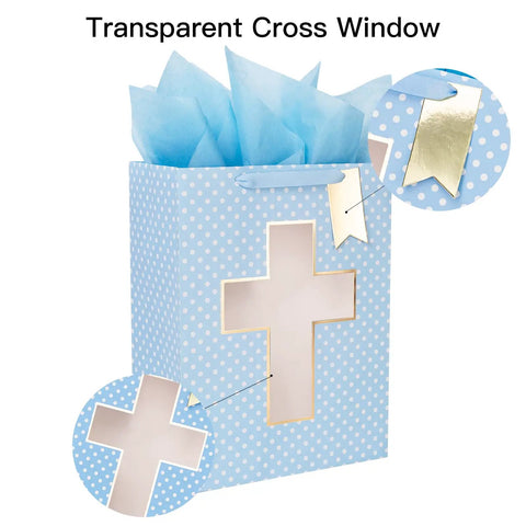 Blue Cross Window Gift Bag With Ribbon Handles, Totally Perfect For Baby Boy Baptisms, Christenings, And First Communions, Comes With Tissue Paper, 10 By 5 By 13 Inches, 1 Bag featuring transparent cross design and gold accents
