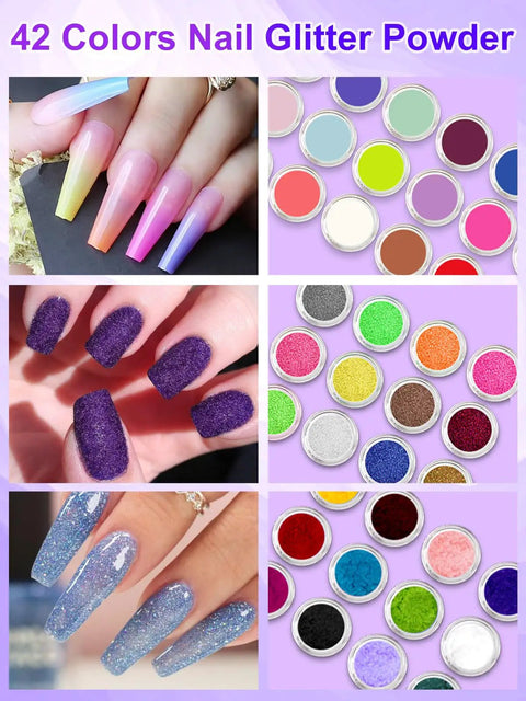 42 colors glitter powder from All In One Acrylic Nail Kit For Beginners With 42 Colors Glitter Powder And Monomer Liquid Pro Grade UV LED Lamp