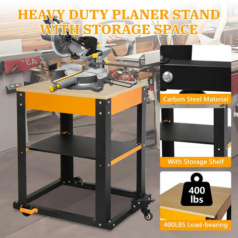 Heavy Duty Planer Stand With Wheels Rock Steady Workhorse For Planers And Drill Press Bench Top Machines with storage shelf, carbon steel frame.