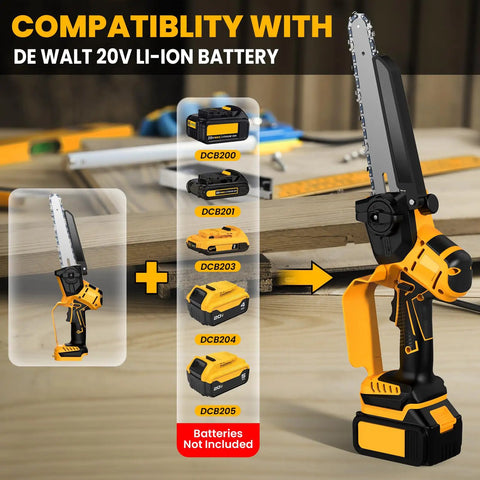2 In 1 Cordless Pole Saw And Mini Chainsaw With 8 Inch Bar, Brushless Motor, showing compatibility with 20V Li-Ion batteries