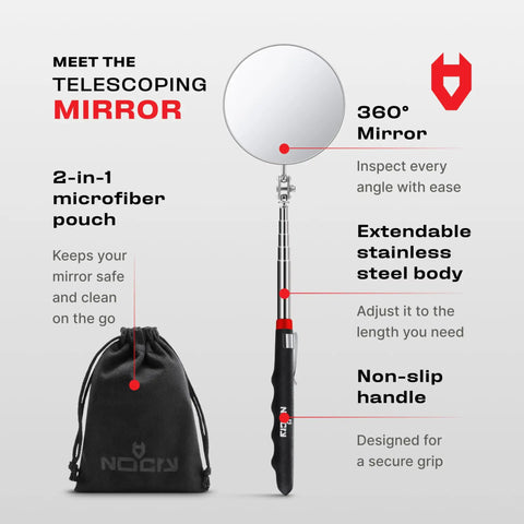 Heavy Duty Telescoping Inspection Mirror With 3.23 Inch Round Mirror, Up To 30 Inch Reach, 360 Degree Swivel, Non Slip Handle, Includes 2 In 1 Storage Pouch