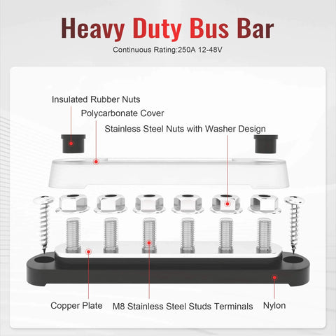 Heavy Duty 12 Volt Bus Bar Power Distribution Block With Six Sixteenth Inch Terminal Studs M8, Handles Up To 48V DC And 250A