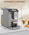 Slick Fully Automatic Espresso Machine With Built In Grinder And One Touch Milk Frother For Lattes And Cappuccinos on kitchen counter with drinks.