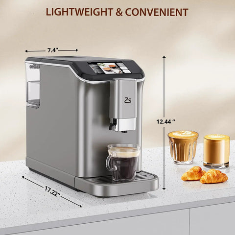 Slick Fully Automatic Espresso Machine With Built In Grinder And One Touch Milk Frother For Lattes And Cappuccinos on kitchen counter with drinks.