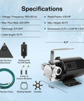 Straight Shooting 1/10HP Water Transfer Pump 330GPH Utility Pump with specifications and accessories displayed.
