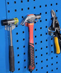Lockable Steel Tool Cabinet With Multiple Shelves Pro Grade Heavy Duty Tool Storage Organizer For Garage Or Workshop Stacking Metal Cabinet With Secure Locking System Handy Combo Lock For Warehouse Tools; blue pegboard with hanging hammers and pliers