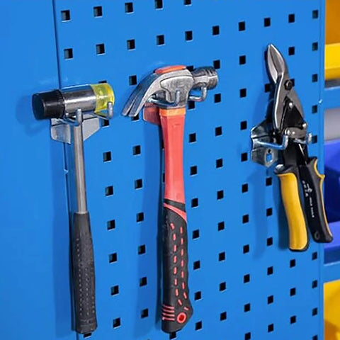 Lockable Steel Tool Cabinet With Multiple Shelves Pro Grade Heavy Duty Tool Storage Organizer For Garage Or Workshop Stacking Metal Cabinet With Secure Locking System Handy Combo Lock For Warehouse Tools; blue pegboard with hanging hammers and pliers