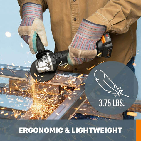 Person using Cordless 4.5 Inch Angle Grinder With Brushless Motor, 20V Power Share, Tool Only, High RPM, Longer Battery Life