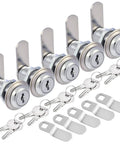 Cabinet Cam Lock Set 5 Pack Keyed Alike 1-1/8 Inch Cam Locks For File Drawers Dressers Mailboxes And RVs Replacement Lock Hardware Chrome Finish Zinc Alloy with keys and plates.