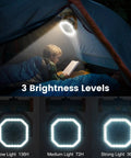 30000mAh Camping Fan With LED Lantern used in tent showing light levels, Rechargeable Oscillating Tent Fan With Remote, Brown