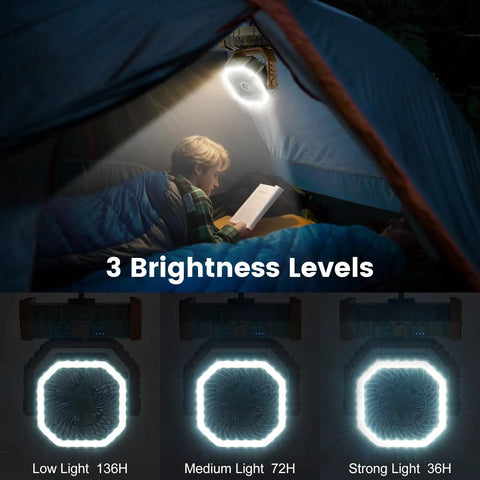 30000mAh Camping Fan With LED Lantern used in tent showing light levels, Rechargeable Oscillating Tent Fan With Remote, Brown