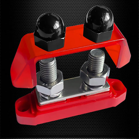Ridiculously Strong 3/8 Power Distribution Block Bus Bar Offering Dead Serious Two Hundred Fifty Amps And Dual M10 Studs with red cover and nuts.