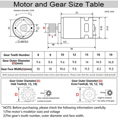 Diagram showing motor and gear size for Two Pack High Speed 24V DC Motor Upgrade for Kids Ride On Cars with detailed measurements.