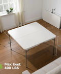 Sturdy 3 Ft Square Folding Card Table With Carry Handle, Portable 34 By 34 Inch Folding Desk in living room, folded and open view