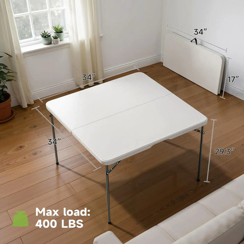 Sturdy 3 Ft Square Folding Card Table With Carry Handle, Portable 34 By 34 Inch Folding Desk in living room, folded and open view