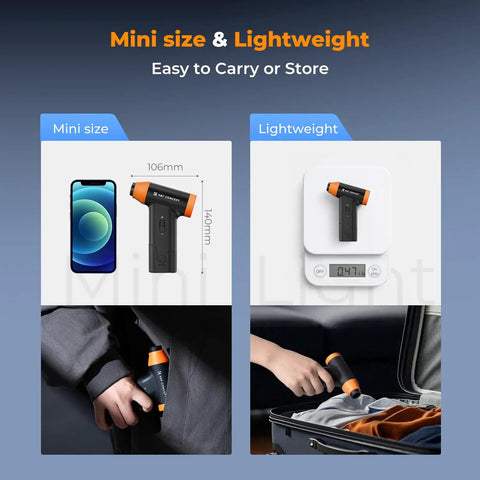 Image showing mini size and lightweight 2 In 1 Air Blower And Suction Duster With Brushless Motor, 150000 RPM, in hand and luggage.