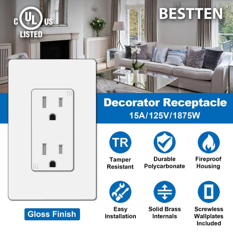 15 Amp Decor Receptacle Outlet With Tamper Resistant Shutters, White Decorator Wall Outlet, Screwless Wall Plate, Living Room