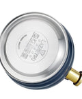 Bottom view of Stovetop Whistling Tea Kettle 3.2 Quart Stainless Steel Teakettle with blue finish and ergonomic handle.
