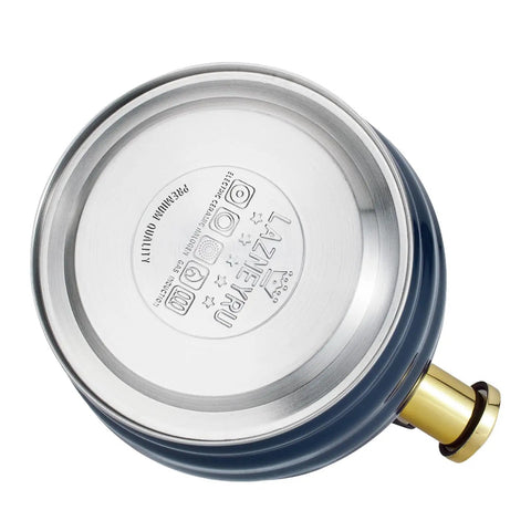 Bottom view of Stovetop Whistling Tea Kettle 3.2 Quart Stainless Steel Teakettle with blue finish and ergonomic handle.