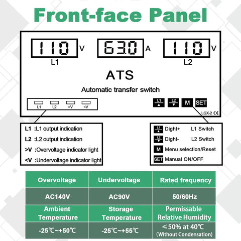 Front panel of 63A 110V Automatic Manual Transfer Switch with LED indicators and settings, CE certified for generator backup.