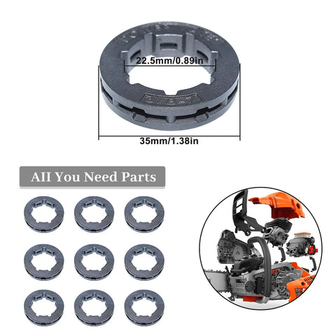 Ten Piece Three Eighths Inch Seven Tooth Chain Drive Rim Sprocket Set For Husqvarna And Stihl Chainsaws Fits Numerous Models Replacement Part Durable Gear For Smooth Cutting And Long Lasting Performance