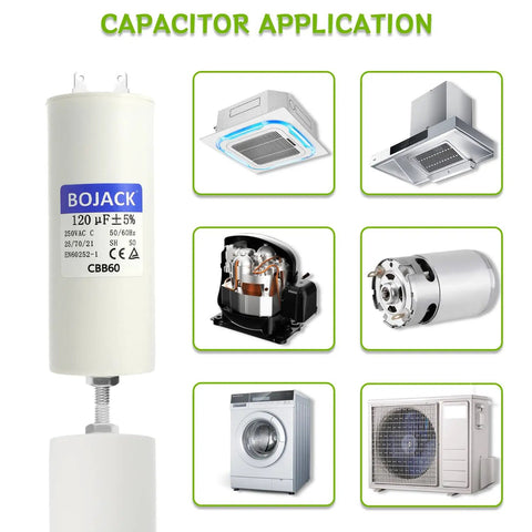 CBB60 120uF Capacitor 250V 50 60Hz Round Run Start AC Motor Capacitor with nut displayed with appliance icons
