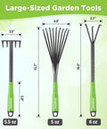Image of large-sized garden tools from the Six Piece Garden Tool Set With Heavy Duty Hand Tools And Soft Rubber Handles, showing dimensions.