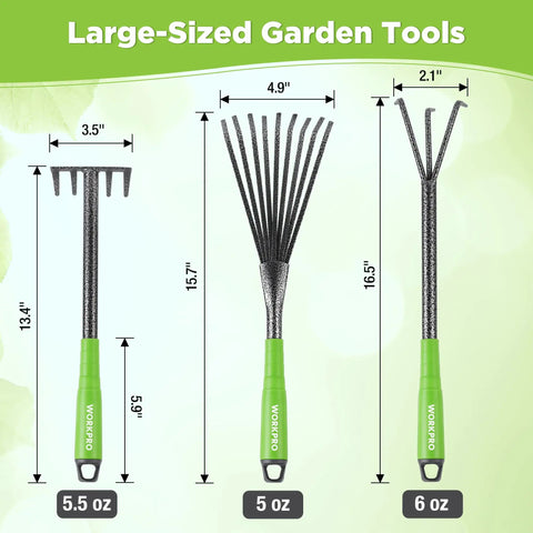 Image of large-sized garden tools from the Six Piece Garden Tool Set With Heavy Duty Hand Tools And Soft Rubber Handles, showing dimensions.
