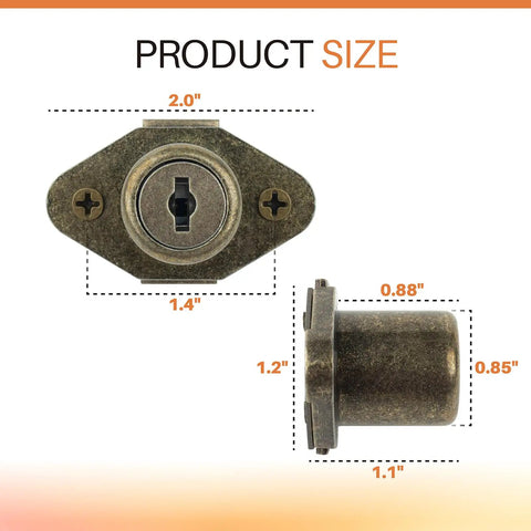 Heavy Duty Desk Drawer Lock With Key Keeps Filing Cabinets Locked Up Tight Using Top Shelf Zinc Alloy Antique Bronze Hardware with dimensions shown.