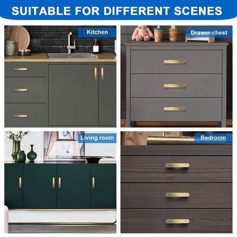 Brushed Brass Cabinet Handles 4 Pack Gold Drawer Pulls in kitchen, drawer, living room, and bedroom settings