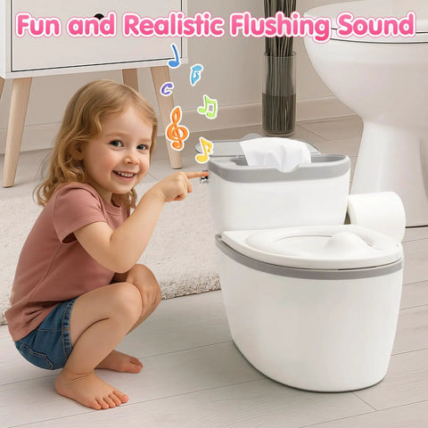 Tot Sized Three In One Potty Training Toilet With Realistic Flush Sounds And Removable Seat That Doubles As A Comfy Stool Feature Loaded With Quick Clean Wipe Tray And Steady Paper Holder For Your Ready To Roll Tyke