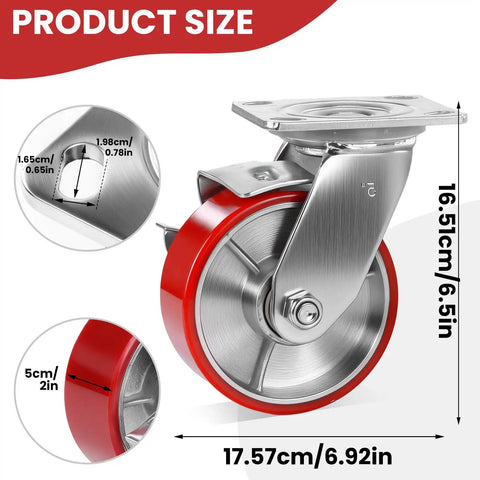 Set Of Four Heavy Duty Industrial Swivel Caster Wheels With Locking Brakes 4000 Lb Capacity detailed dimensions with red polyurethane wheel.