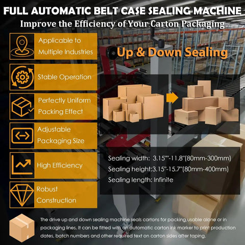 Rock Solid Automatic Carton Sealer Machine For Shipping Boxes And Cases Top And Bottom Continuous Tape Dispenser with adjustable size.