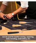 Person using Upholstery Repair Sewing Kit With Heavy Duty Tools, Awl, Seam Ripper for leather craft and DIY repairs on fabric