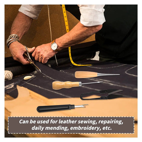 Person using Upholstery Repair Sewing Kit With Heavy Duty Tools, Awl, Seam Ripper for leather craft and DIY repairs on fabric