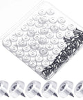 50 Pack Clear Cabinet Bumpers With Screws Dead Silent Rubber Door Stops in transparent case showcasing rubber pads and screws.