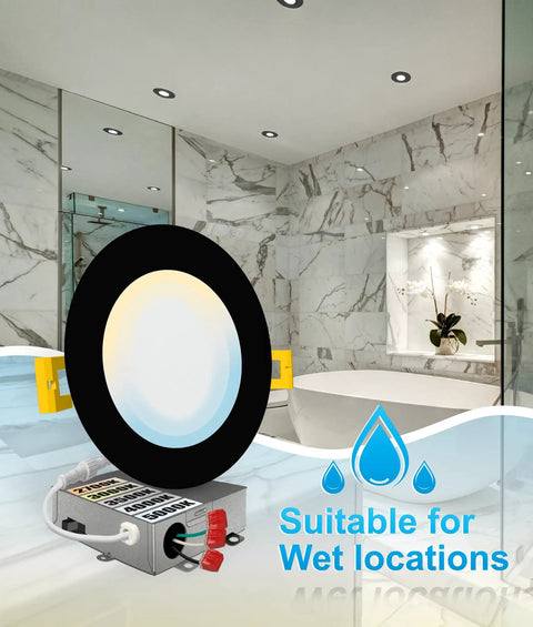 Six Inch Black Recessed LED Canless Slim Wafer Lights Kit, 12 Pack, 1050 Lumens Each, 15W, Dimmable in modern bathroom