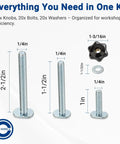 20 Sets All In One T Track Knob Kit With 1/4-20 T Bolts In 1 Inch 1-1/2 Inch And 2-1/2 Inch Lengths Star Knobs And Washers