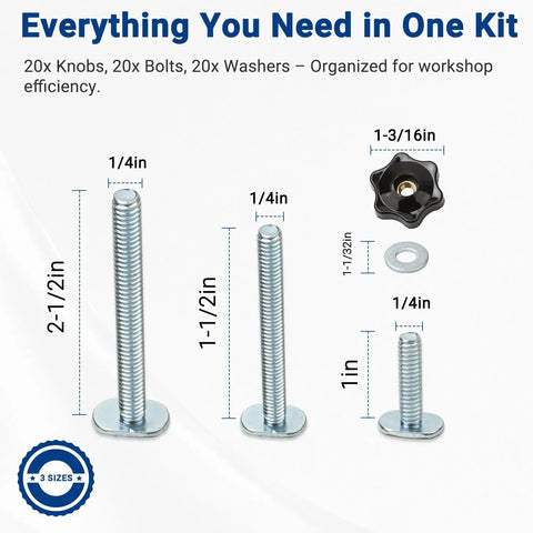 20 Sets All In One T Track Knob Kit With 1/4-20 T Bolts In 1 Inch 1-1/2 Inch And 2-1/2 Inch Lengths Star Knobs And Washers