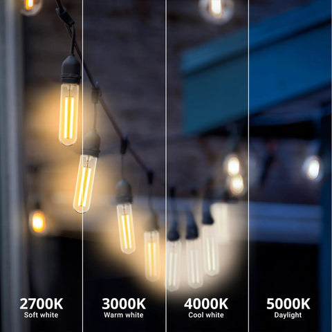Comparison of Six Pack Dusk To Dawn T10 Tubular LED Filament Bulbs in 2700K to 5000K for outdoor decor.