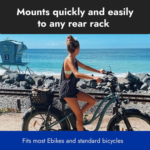 Rack Ready Universal E Bike Basket Easy On Off Fits Any Rack Including Electric Bikes With Rear Batteries No Fuss Heavy Duty Molded PP 14 By 12 By 7 Inches 850 Cubic Inches 25 Pound Capacity Lightweight 2 Pound Basket