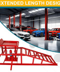 Red Hydraulic Car Ramps 5 Ton Heavy Duty Steel Car Lift Ramps With Hydraulic Jack For Oil Changes And Truck Repair In The Garage Or On The Move Two Pack 11,000 Lbs Capacity displayed in a garage with cars