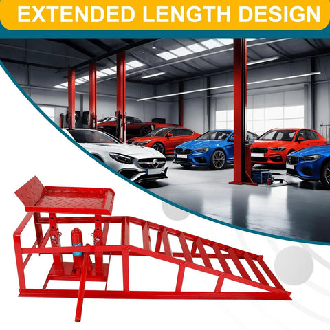 Red Hydraulic Car Ramps 5 Ton Heavy Duty Steel Car Lift Ramps With Hydraulic Jack For Oil Changes And Truck Repair In The Garage Or On The Move Two Pack 11,000 Lbs Capacity displayed in a garage with cars