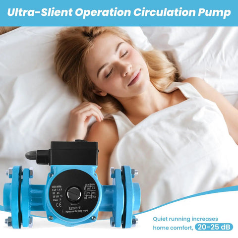 115V Hot Water Recirculating Pump 168W with 3Speed Settings and NPT 1 Inch Connections for Tank Heaters shown with a sleeping woman.